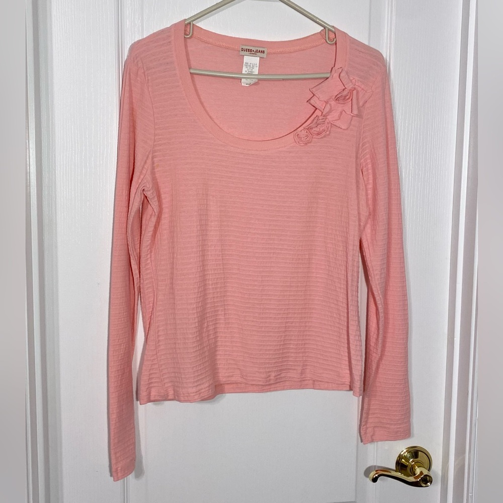 Y2K VTG Guess USA MADE Rosette Scoop Neck Ribbed Knit Long Sleeve Top Pink XL